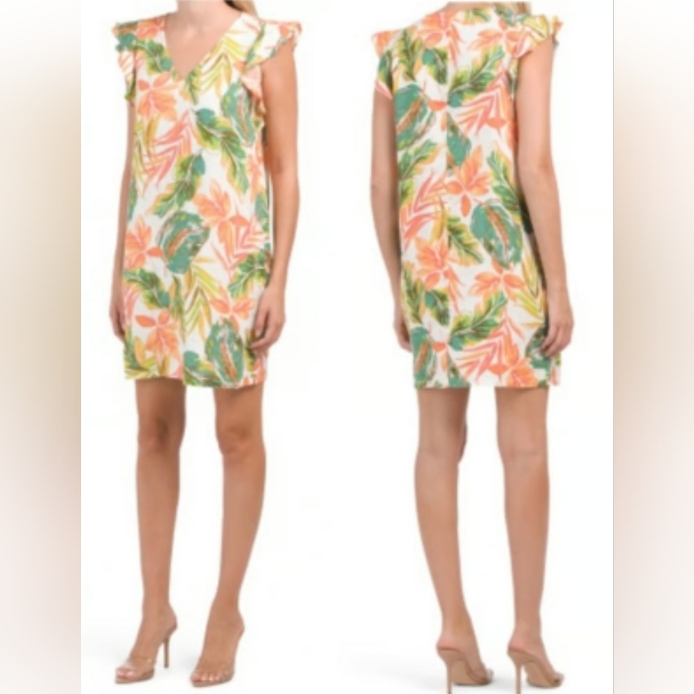 NWT NICOLE MILLER Womens 100% Linen V Neck Tropical Floral Shift Dress, size XS